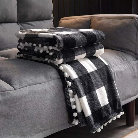 TINOR Couverture En Molleton Avec Frange à Pompons,Jeté En Flanelle à Carreaux Noir Et Blanc à Carreaux Buffalo Pour Canapé-lit Adapté à Toutes Les Saisons (130x 150cm) 6 TINOR Couverture En Molleton Avec Frange à Pompons,Jeté En Flanelle à Carreaux Noir Et Blanc à Carreaux Buffalo Pour Canapé-lit Adapté à Toutes Les Saisons (130x 150cm) – Image 4