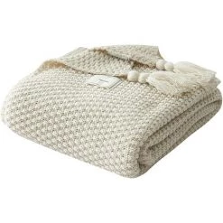 TINOR Couverture En Tricot Plaids Canapé Couvre-lit Tapis De Table Jetés De Lit Nordique Chaud Doux Avec Frange Faite à La Main Pour Plage Pique-Nique Toutes Saisons (Beige,130 X 170cm)
