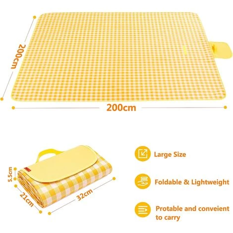 TINOR 200 X 200 Cm Couverture Tapis De Pique-Nique, Imperméable Résistant à L'humidité Grand Format Pliable Pour Camping Voyage Plage Jardin Nappe (Pliable En Sac) - Jaune 5 TINOR 200 X 200 Cm Couverture Tapis De Pique-Nique, Imperméable Résistant à L'humidité Grand Format Pliable Pour Camping Voyage Plage Jardin Nappe (Pliable En Sac) - Jaune – Image 3