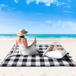Fei Yu Picnic Blanket, 200 X 200 Cm Beach Blanket, Waterproof Quick Drying Picnic Mat For The Beach, Outdoor, Camping, Picnic And Hiking (79 X 79 Inches, Black Grey) -Plaid et couverture Soldes 49136607 5