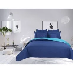 UNIVERS DECOR Couvre Lit Boutis 7 Pièces Bicolore "piquage Métro" Navy / Turquoise - Turquoise