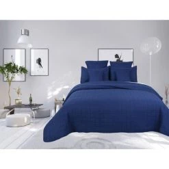 UNIVERS DECOR Couvre Lit Boutis Matelassé 7 Pièces Uni "piquage Carreaux" Navy - Bleu