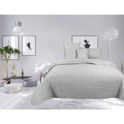 UNIVERS DECOR Couvre Lit Boutis Matelassé 4 Pièces Uni "piquage Carreaux" Silver - Argent