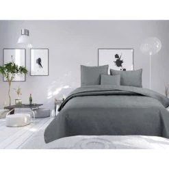 UNIVERS DECOR Couvre Lit Boutis 4 Pièces Uni "piquage Métro" Acier - Gris