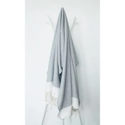 OCEAN VIBES Fouta 100 Cm X 200 Cm Petits Losanges - 100% Coton - Finition Franges - GRIS ARGENT/BLANC -Plaid et couverture Soldes 50718315 3
