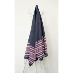 OCEAN VIBES Fouta 100 Cm X 200 Cm Ethnique Rayures Type Broderie - 100% Coton - Finition Franges - BLEU BRUT/ROSE FLUO