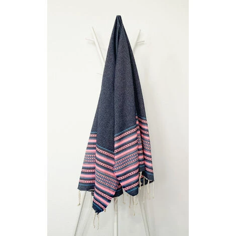 OCEAN VIBES Fouta 100 Cm X 200 Cm Ethnique Rayures Type Broderie - 100% Coton - Finition Franges - BLEU BRUT/ROSE FLUO 3 OCEAN VIBES Fouta 100 Cm X 200 Cm Ethnique Rayures Type Broderie - 100% Coton - Finition Franges - BLEU BRUT/ROSE FLUO