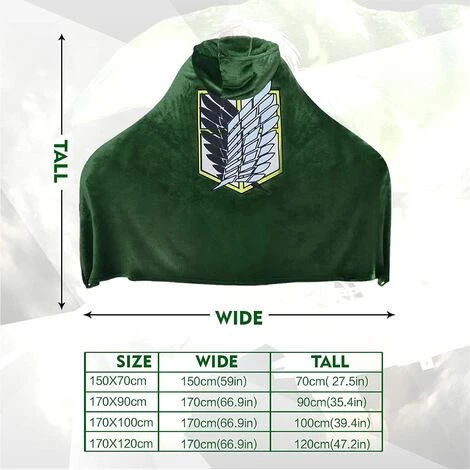 Couverture à Porter Avec Cape D'attaque Des Titans : Shingeki No Kyojin Cape Pour Cosplay,Triomphe Costume D'Halloween, Poncho à Capuche En Peluche Vert Doux Et Chaud Pour (S:150X70CM) 4 Couverture à Porter Avec Cape D'attaque Des Titans : Shingeki No Kyojin Cape Pour Cosplay,Triomphe Costume D'Halloween, Poncho à Capuche En Peluche Vert Doux Et Chaud Pour (S:150X70CM) – Image 2