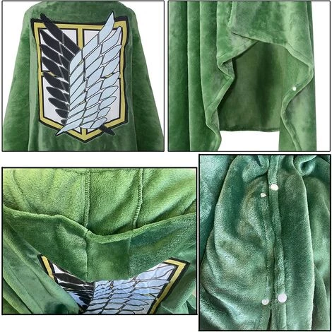 Couverture à Porter Avec Cape D'attaque Des Titans : Shingeki No Kyojin Cape Pour Cosplay,Triomphe Costume D'Halloween, Poncho à Capuche En Peluche Vert Doux Et Chaud Pour (S:150X70CM) 6 Couverture à Porter Avec Cape D'attaque Des Titans : Shingeki No Kyojin Cape Pour Cosplay,Triomphe Costume D'Halloween, Poncho à Capuche En Peluche Vert Doux Et Chaud Pour (S:150X70CM) – Image 4