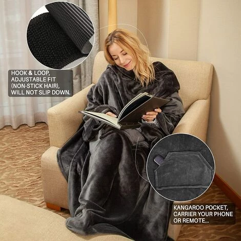 BRIDAY Couverture Polaire Avec Manches Et Poche Pour Les Pieds,170 X 200 Cm Gris,Couverture TV En Peluche Douce Avec Manches Et Crochet Et Boucle Réglables 5 BRIDAY Couverture Polaire Avec Manches Et Poche Pour Les Pieds,170 X 200 Cm Gris,Couverture TV En Peluche Douce Avec Manches Et Crochet Et Boucle Réglables – Image 3