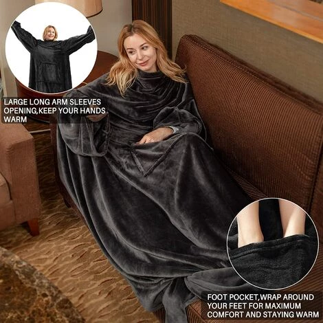 BRIDAY Couverture Polaire Avec Manches Et Poche Pour Les Pieds,170 X 200 Cm Gris,Couverture TV En Peluche Douce Avec Manches Et Crochet Et Boucle Réglables 6 BRIDAY Couverture Polaire Avec Manches Et Poche Pour Les Pieds,170 X 200 Cm Gris,Couverture TV En Peluche Douce Avec Manches Et Crochet Et Boucle Réglables – Image 4