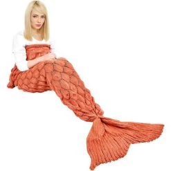LITZEE Couverture De Queue De Sirène, Toutes Les Saisons Chaude Couverture De Lit Canapé Couette Salon Sac De Couchage Pour Enfants Et Adultes, écailles De Poisson, 190 X 90 Cm - Orange