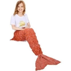 LITZEE Couverture De Queue De Sirène Mettable, Toutes Les Saisons Chaude Couverture De Lit Canapé Couette Salon Sac De Couchage Pour Enfants, écailles De Poisson, 140 X 60 Cm - Orange