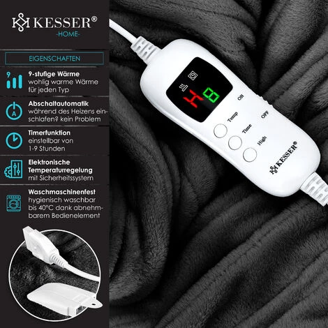 KESSER® Couverture Chauffante En Peluche Testée Par Le TÜV SÜD GS | Couverture Chauffante électrique Avec Minuterie Arrêt Automatique | Couverture Douillette | 9 niveaux De Température | Lavable Jusqu’à 40°C | Affichage Numérique, Gris Foncé, 180 X 130 Cm 4 KESSER® Couverture Chauffante En Peluche Testée Par Le TÜV SÜD GS | Couverture Chauffante électrique Avec Minuterie Arrêt Automatique | Couverture Douillette | 9 niveaux De Température | Lavable Jusqu’à 40°C | Affichage Numérique, Gris Foncé, 180 X 130 Cm – Image 2