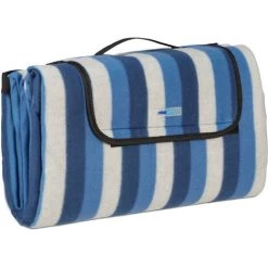 Relaxdays Couverture Pique-nique XXL, 200x200 Cm, Tapis De Plage Polaire, Isolant, Imperméable, Avec Poignée, Bleu/blanc -Plaid et couverture Soldes 52205368 3
