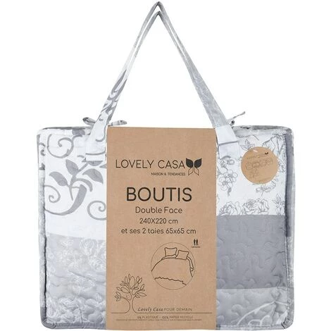 LOVELY CASA Boutis 260x240 Avec 2 Taies Et Sac Bonnie Gris - Gris 5 LOVELY CASA Boutis 260x240 Avec 2 Taies Et Sac Bonnie Gris - Gris – Image 3