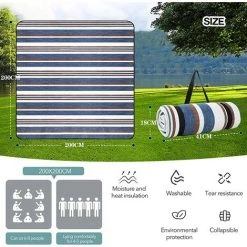 ALMI Couverture Pique Niques 200 X 200cm Imperméable Pliable Bandes De Bleu, Tapis De Sol Camping Portable Grand Pour Plage/Camping/Jardin/Parc Etc -Plaid et couverture Soldes 53417494 3