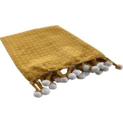 FUTURE HOME Plaid Polycoton Curry Et Blanc Avec Pompons 125x150cm - Moutarde -Plaid et couverture Soldes 53558176 4