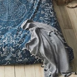 FUTURE HOME Plaid Polycoton Pétrole Et Blanc Avec Pompons 125x150cm - Bleu -Plaid et couverture Soldes 53566799 2