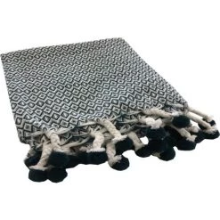 FUTURE HOME Plaid Polycoton Pétrole Et Blanc Avec Pompons 125x150cm - Bleu -Plaid et couverture Soldes 53566799 4