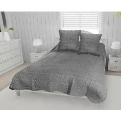 SOLEIL D'OCRE Couvre-lit Boutis Coton 240x260 Cm ARABESQUE Avec 2 Taies D'oreiller - Gris
