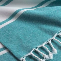 DOUCEUR D'INTÉRIEUR Fouta à Franges 100x200 Cm Filoti Turquoise Coton - Bleu -Plaid et couverture Soldes 53988682 2
