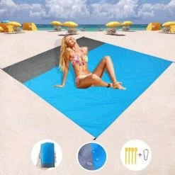 Tapis De Plage, 210x200cm Couverture De Pique-Nique, Imperméable Pliable Tapis De Picnic Portable, Imperméable Avec 4 Piquets Fixes Pour Plage, Camping, Picnic, Voyage, Randonnée, Parc，Starlight