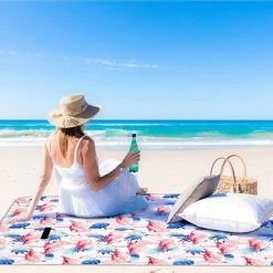 ZHUOXUAN Couverture De Pique-Nique 200x150cm, Imperméable Pliable Tapis De Plage Avec Poignée, Portable Lavable Tapis De Pique-Nique Couverture De Plage Pour Camping Voyage, 4 à 6 Personnes (Flamant) -Plaid et couverture Soldes 55313820 4