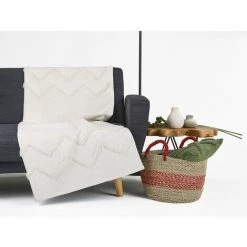 OZAIA Plaid 100% Coton Tissé Flammé Et Tufté FIDJA - 125 X 150 Cm - Blanc - Blanc