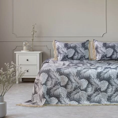 FLHF Couvre-lit Feuilles Tropicales Gris + Blanc 240x260 5 FLHF Couvre-lit Feuilles Tropicales Gris + Blanc 240x260 – Image 3