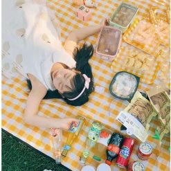 AIDUCHO Couverture De Pique-Nique 195*200CM, Pliable Tapis Plage Surface Imperméable Et Sans Sable, Tapis Pique Niques Pour Plage, Le Parc, La Randonnée, Le Camping, Idéal Pour Les Voyages En Famille-Grille Jaune Et Blanche -Plaid et couverture Soldes 57747966 2