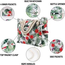 AIDUCHO Sac De Plage Extra Large Pour Femme, Fourre-tout En Toile Surdimensionné Imperméable Et Résistant Au Sable Avec Poches Pour Gym, Yoga, Piscine, Accessoires Essentiels De Voyage En Famille, Fournitures De Vacances, Feuilles De Fleurs Florales -Plaid et couverture Soldes 58662451 3