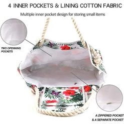 AIDUCHO Sac De Plage Extra Large Pour Femme, Fourre-tout En Toile Surdimensionné Imperméable Et Résistant Au Sable Avec Poches Pour Gym, Yoga, Piscine, Accessoires Essentiels De Voyage En Famille, Fournitures De Vacances, Feuilles De Fleurs Florales -Plaid et couverture Soldes 58662451 5