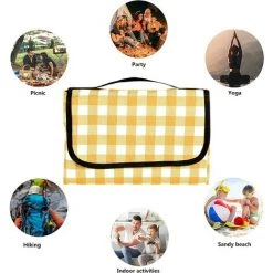 AIDUCHO Couverture De Pique-Nique Tapis De Plage Imperméable Tapis De Pique-Nique Lavable Léger Avec Poignée Jaune à Carreaux Pour Randonnée Voyage Camping En Plein Air,Parcs,80cm * 150cm -Plaid et couverture Soldes 58662578 3