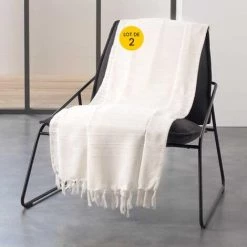 CDAFFAIRES Lot De 2 Jetés De Canapé A Franges 180 X 220 Cm Coton Tissé Lilia Gris Créme - Creme