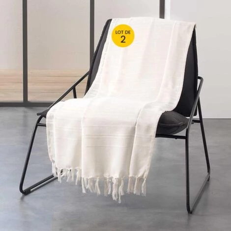 CDAFFAIRES Lot De 2 Jetés De Canapé A Franges 180 X 220 Cm Coton Tissé Lilia Gris Créme - Creme 3 CDAFFAIRES Lot De 2 Jetés De Canapé A Franges 180 X 220 Cm Coton Tissé Lilia Gris Créme - Creme