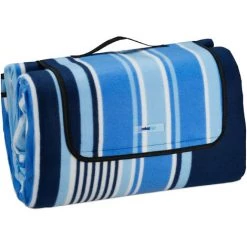 Relaxdays Couverture Pique-nique XXL, 200x300 Cm, Tapis De Plage, Isolation Thermique, Imperméable, Rayures Nuances Bleu