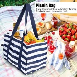 AOUGO Sacs De Pique-Nique,Panier De Pique-Nique Grand Sac Thermique De Pique-Nique Polyvalent Sac Isolé De Pique-Nique à Rayures Bleues Pour Un Voyage En Voiture Voyage De Week-End Camping -Plaid et couverture Soldes 60282030 4