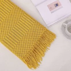 WINBO Plaid Texturé Solide Doux Pour Couverture Tricotée Décorative Canapé Canapé, Jaune -Plaid et couverture Soldes 60289965 5
