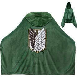 FR-LIFE Couverture à Porter Avec Cape D'attaque Des Titans :Shingeki No Kyojin Cape Pour Cosplay, Costume D'halloween, Poncho à Capuche En Peluche Vert Doux Et Chaud Pour ADU, BR-Vie