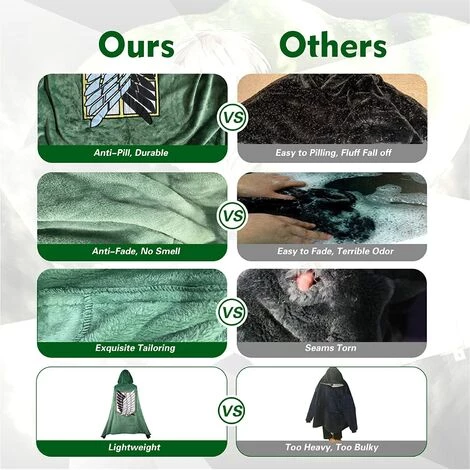 FR-LIFE Couverture à Porter Avec Cape D'attaque Des Titans :Shingeki No Kyojin Cape Pour Cosplay, Costume D'halloween, Poncho à Capuche En Peluche Vert Doux Et Chaud Pour ADU, BR-Vie 6 FR-LIFE Couverture à Porter Avec Cape D'attaque Des Titans :Shingeki No Kyojin Cape Pour Cosplay, Costume D'halloween, Poncho à Capuche En Peluche Vert Doux Et Chaud Pour ADU, BR-Vie – Image 4