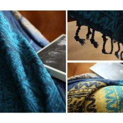 GALOZZOIT Couverture De Jet En Chenille, Glands Jacquard Couverture De Canapé Housse De Chaise Décorative Pour Canapé-Lit Soft Chair, Folk Tribal Pattern (220 X 250 CM, Bleu) -Plaid et couverture Soldes 60858317 3