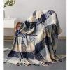 GALOZZOIT Couverture De Jet En Chenille, Glands Jacquard Couverture De Canapé Housse De Chaise Décorative Pour Canapé-Lit Soft Chair, Folk Tribal Pattern (150 X 190 CM, Grille Bleue) -Plaid et couverture Soldes 60858325 1