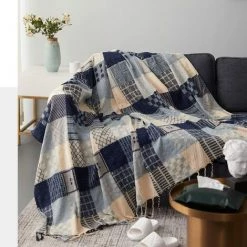 GALOZZOIT Couverture De Jet En Chenille, Glands Jacquard Couverture De Canapé Housse De Chaise Décorative Pour Canapé-Lit Soft Chair, Folk Tribal Pattern (150 X 190 CM, Grille Bleue) -Plaid et couverture Soldes 60858325 2