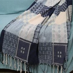 GALOZZOIT Couverture De Jet En Chenille, Glands Jacquard Couverture De Canapé Housse De Chaise Décorative Pour Canapé-Lit Soft Chair, Folk Tribal Pattern (150 X 190 CM, Grille Bleue) -Plaid et couverture Soldes 60858325 3