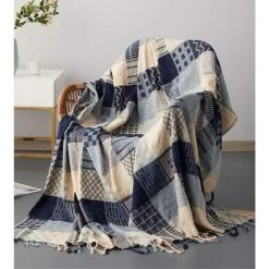 GALOZZOIT Couverture De Jet En Chenille, Glands Jacquard Couverture De Canapé Housse De Chaise Décorative Pour Canapé-Lit Soft Chair, Folk Tribal Pattern (150 X 190 CM, Grille Bleue) -Plaid et couverture Soldes 60858325 4