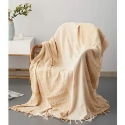 GALOZZOIT Couverture De Jet En Chenille, Glands Jacquard Couverture De Canapé Housse De Chaise Décorative Pour Canapé-Lit Soft Chair, Folk Tribal Pattern (150 X 190 CM, Beige) -Plaid et couverture Soldes 60858391 2
