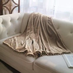 GALOZZOIT Couverture En Flanelle Avec Franges à Pompons - Légère Et Confortable - Couverture Douce Pour Canapé, Convient Pour Toutes Les Saisons (kaki, 130 X 150cm) -Plaid et couverture Soldes 60858400 4