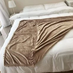 GALOZZOIT Couverture En Flanelle Avec Franges à Pompons - Légère Et Confortable - Couverture Douce Pour Canapé, Convient Pour Toutes Les Saisons (kaki, 130 X 150cm) -Plaid et couverture Soldes 60858400 5