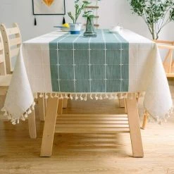 MEZHENG Nappe De Table Rectangulaire En Coton Et Lin Solide Broderie À Carreaux Gland Coton Couverture De Table En Linge Pour Cuisine Salle À Manger Décoration De Table (140x140 Cm, Green/White)